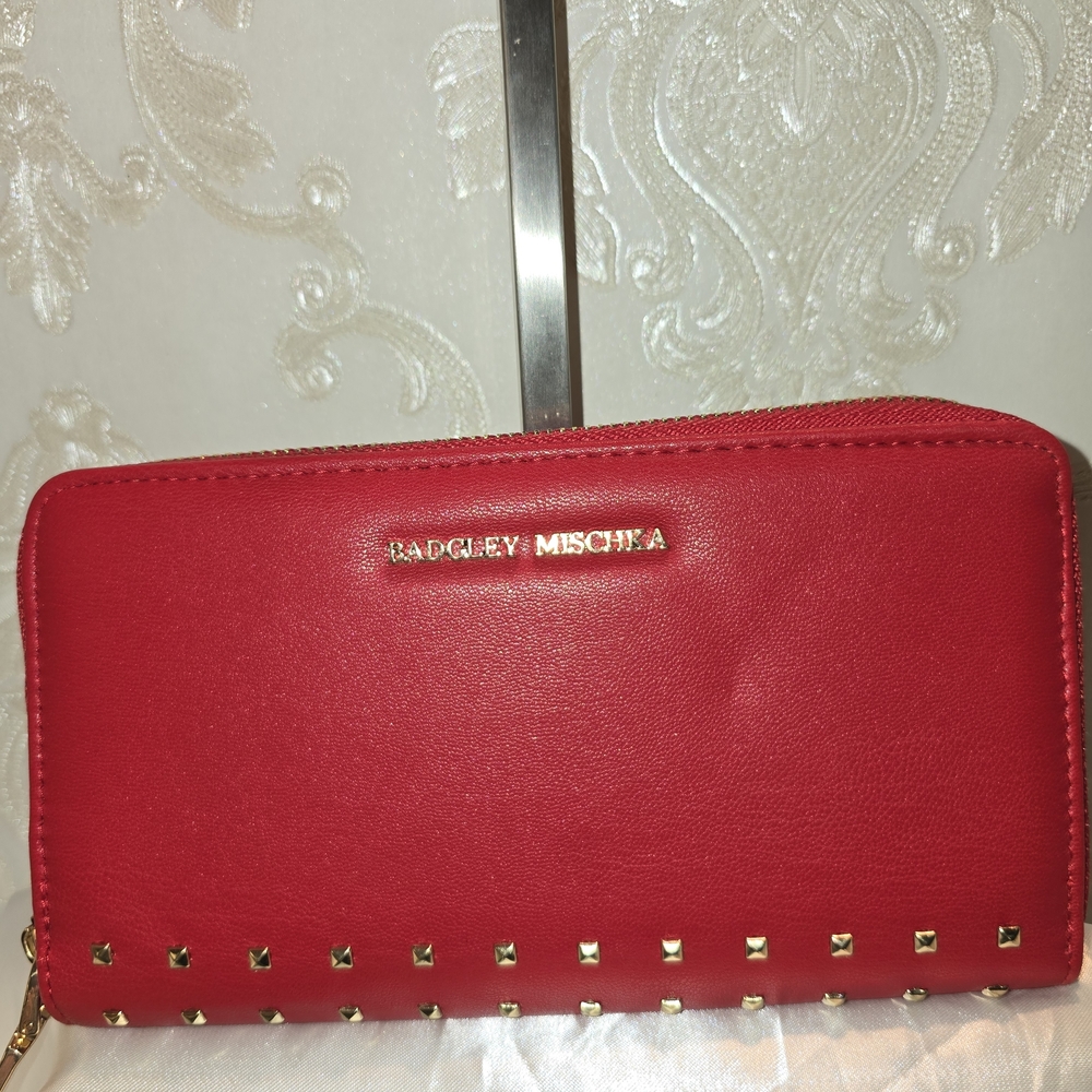 BADGLEY MISHCHKA Red Zip-Around Gold Studded Wallet